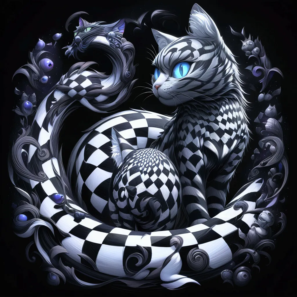 a close up of a cat with a checkered design on its back, cheshire cat, the cheshire cat, cat detailed, highly detailed and hypno...