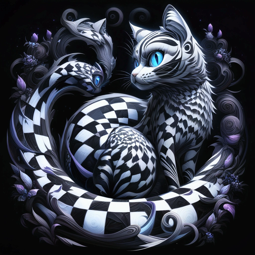 a close up of a cat with a checkered design on its back, cheshire cat, the cheshire cat, cat detailed, highly detailed and hypnotic, alex grey cat, cat playing chess looking wise, cat from the void, art of silverfox, digital intricate art, 4 k highly detailed art, cat design, highly detailed 4 k art, hypdertailed