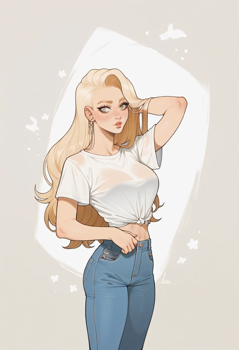 Skinny blonde girl , big boobies , roupa moderna , white undershirt, 比基尼 , jeans , ((oculos de sol)) , long hair 