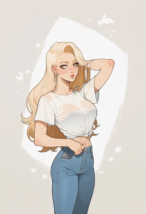 skinny blonde girl , big boobies , roupa moderna , white undershirt, 比基尼 , jeans , ((oculos de sol)) , long hair