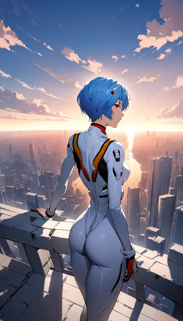 (masterpiece:1.2), Highest quality, High resolution, unity 8k wallpaper, (figure:0.8), (Beautiful attention to detail:1.6), Highly detailed face, Perfect lighting, Highly detailed CG, (Perfect hands, Perfect Anatomy),Rayanami, Rei Ayanami, (Ayanami Rei:1.2), Blue Hair, short hair, (Red eyes:1.2),bodysuit, headgear, Plug Suit, White bodysuit,outdoors, city, null, sun, cloud,looking at viewer, (Cowboy Shot:1.5),