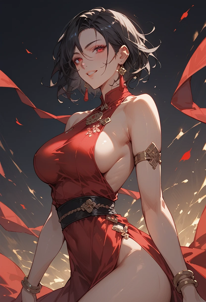 score_9, score_8_up, score_7_up, 1girl, A woman in a backless red dress, with red eyes and black hair, poses on a stage. Her penetrating gaze and inviting gesture suggest a secret. large breasts