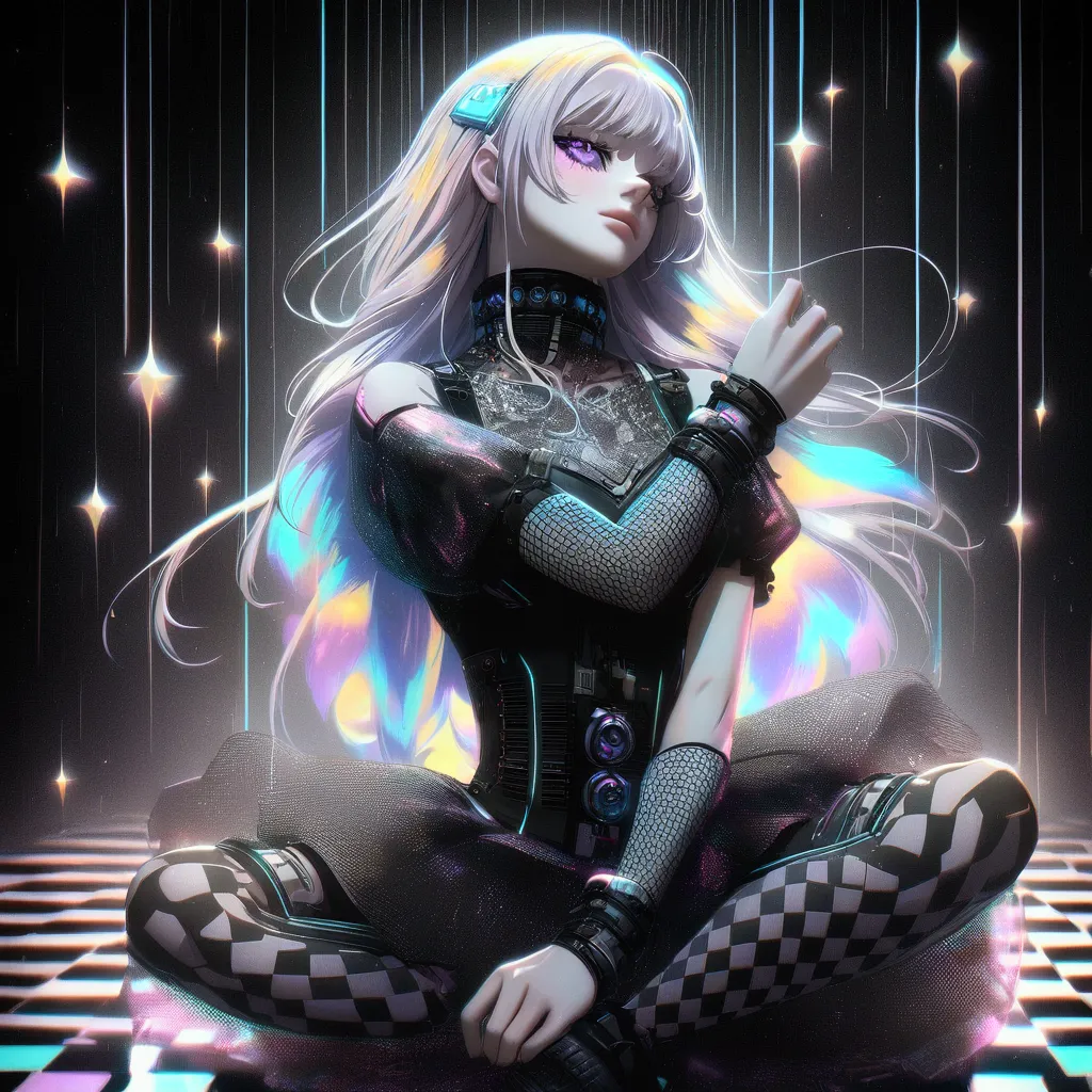 a close up of a woman with long hair sitting on a checkered floor, glitchpunk girl, epic 3 d abstract emo girl, dreamy cyberpunk...