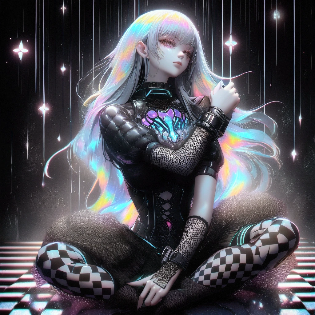 a close up of a woman with long hair sitting on a checkered floor, glitchpunk girl, epic 3 d abstract emo girl, dreamy cyberpunk girl, holographic effect, alice in wonderland cyberpunk, digital cyberpunk - anime art, cyberpunk art style, dark holography!!!, dark cyberpunk illustration, holographic, dark art style, ornamental gothic - cyberpunk