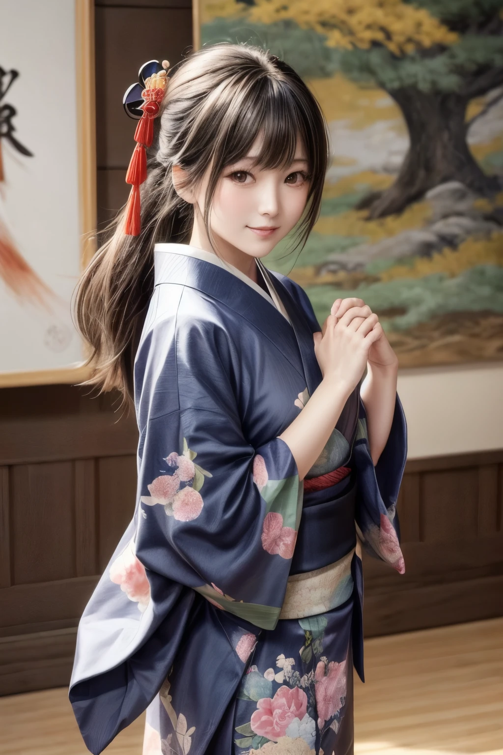 green base, Cute angry face, Pun Pun, 最high quality、high quality、Best image quality、8k、最High resolution、High resolution、temple, Realistic photos, Healthy body, Beautiful Eyes, Flowing black hair, Colorful kimono, Calm expression, Soft lighting, Traditional Japanese art style, Vibrant colors, Peaceful atmosphere, Delicate features, Graceful posture, Beautiful Landscape
