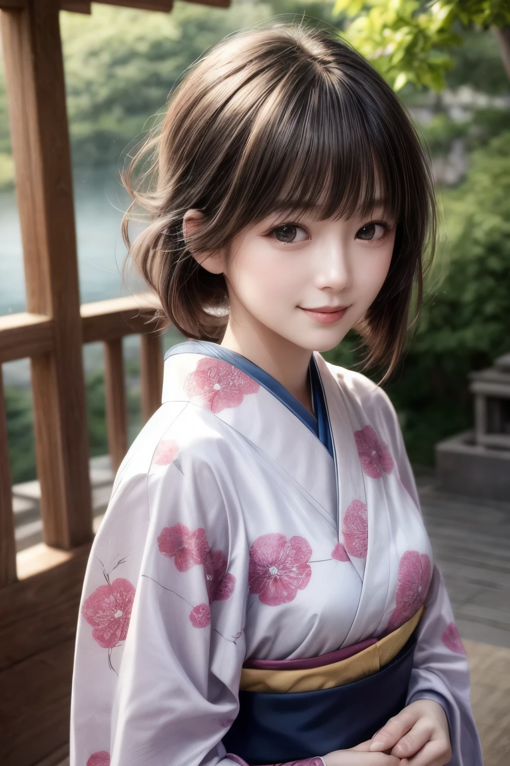 green base, Cute angry face, Pun Pun, 最high quality、high quality、Best image quality、8k、最High resolution、High resolution、temple, Realistic photos, Healthy body, Beautiful Eyes, Flowing black hair, Colorful kimono, Calm expression, Soft lighting, Traditional Japanese art style, Vibrant colors, Peaceful atmosphere, Delicate features, Graceful posture, Beautiful Landscape
