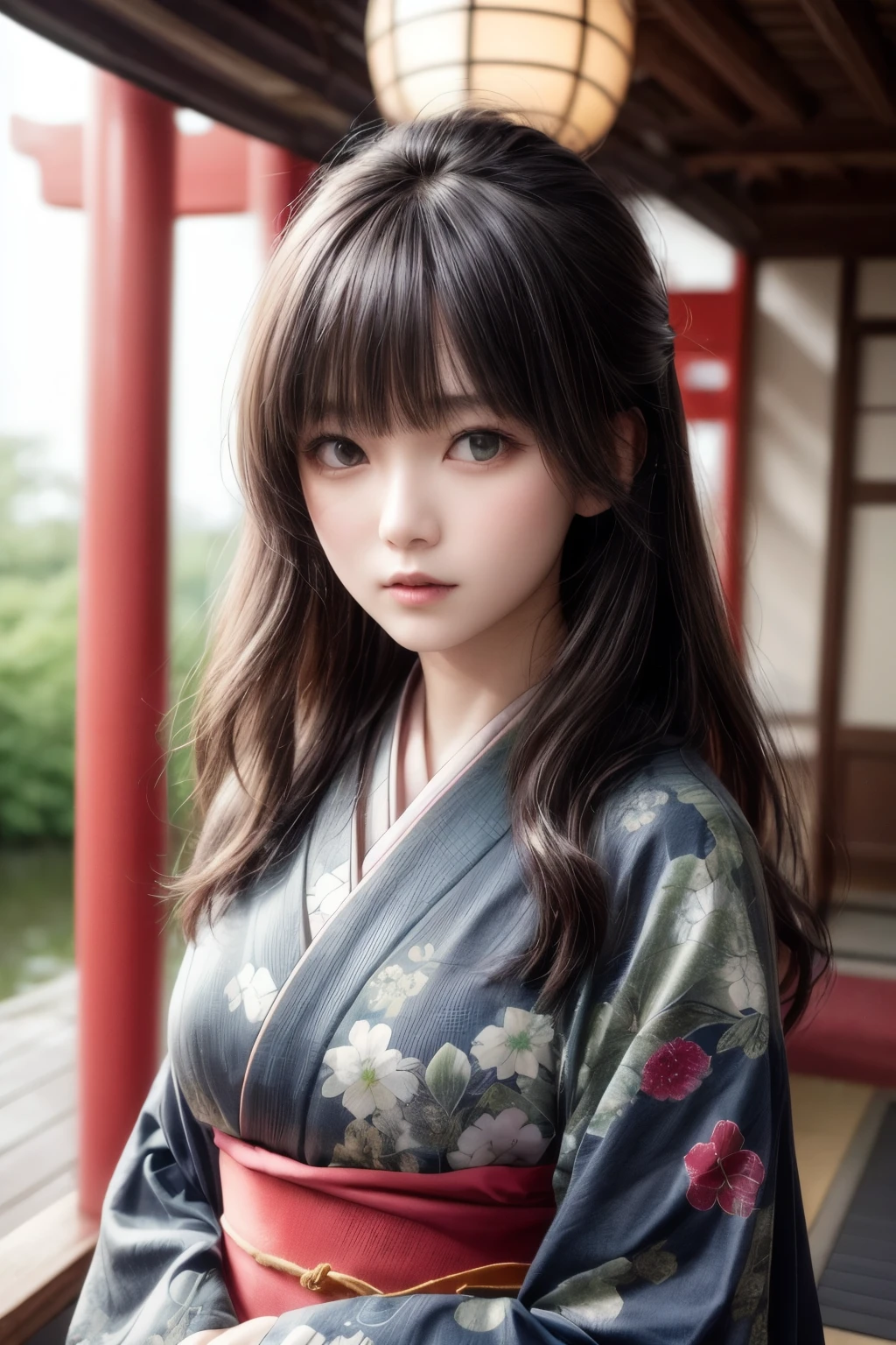 green base, Cute angry face, Pun Pun, 最high quality、high quality、Best image quality、8k、最High resolution、High resolution、temple, Realistic photos, Healthy body, Beautiful Eyes, Flowing black hair, Colorful kimono, Calm expression, Soft lighting, Traditional Japanese art style, Vibrant colors, Peaceful atmosphere, Delicate features, Graceful posture, Beautiful Landscape
