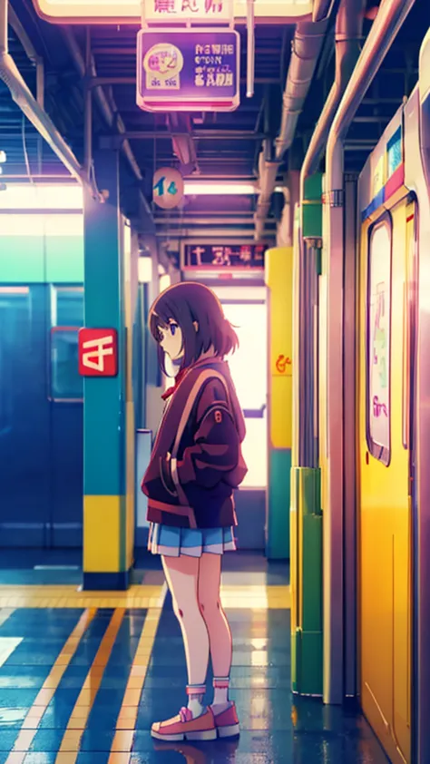 anime girl standing in a subway station with a train in the background, lofi girl, anime aesthetic, lofi artstyle, anime visual ...