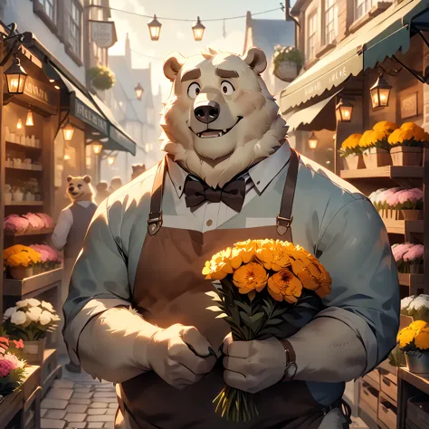 dynamic angle, dynamic pose, florist, plump middle-aged british polar bear man, happy, light smile, presenting a bouquet of flow...