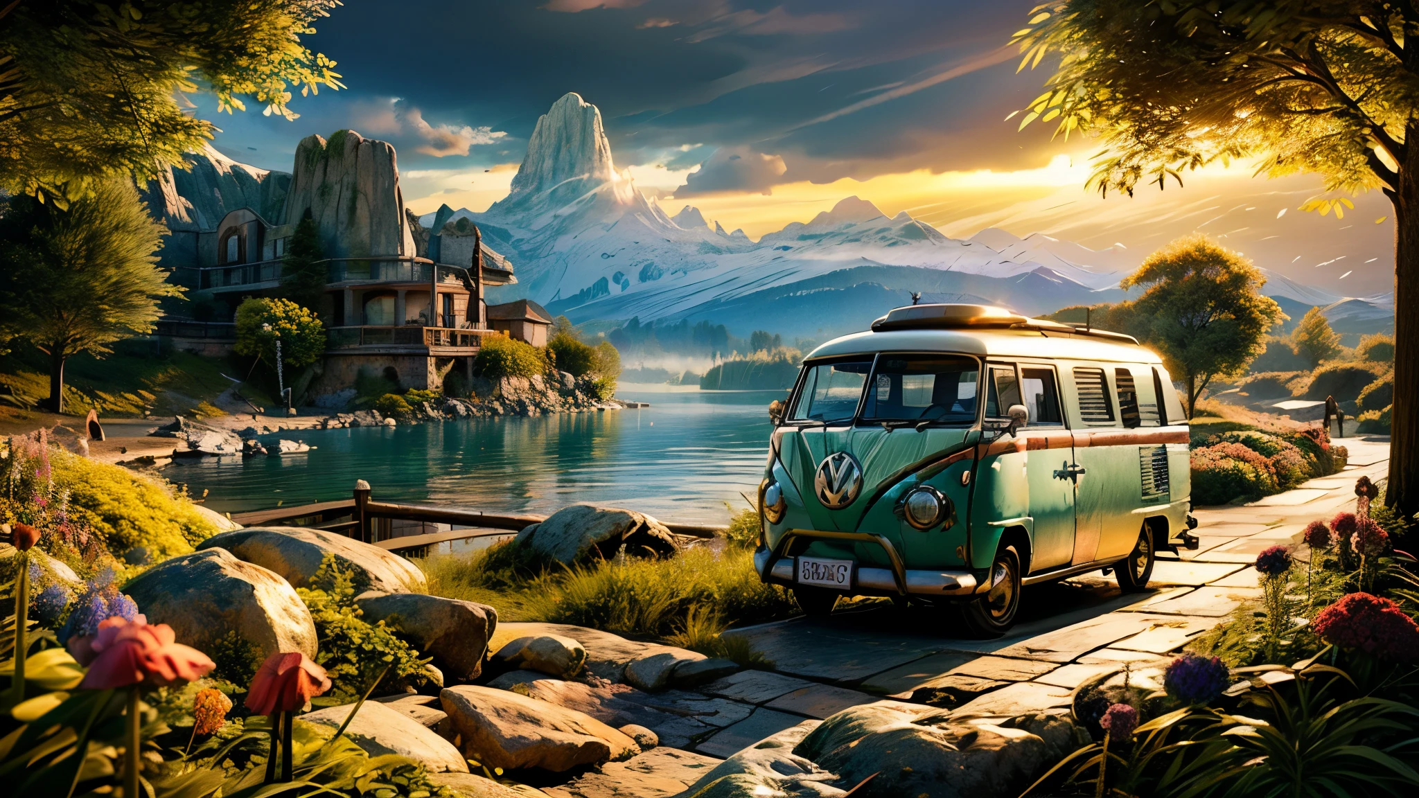 fairytale view with a VW camper van parked in a garden by a pond, dramatic rock formations and mountain range on the horizon, rocks plants flowers shrubs bushes trees moss lawns grass mushrooms fireflies nature weeds,colourful sunset and strong sunbeams, stars, very hazy,extreme details,photorealistic,4k,HD,beautiful,nature, dreamy, low shot,ground level photo, good luminosity, high ambience