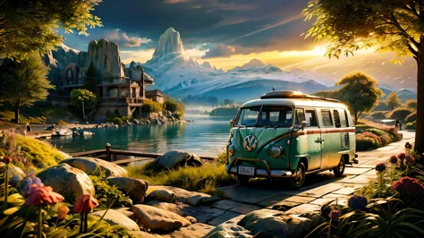 fairytale view with a vw camper van parked in a garden by a pond, dramatic rock formations and mountain range on the horizon, ro...