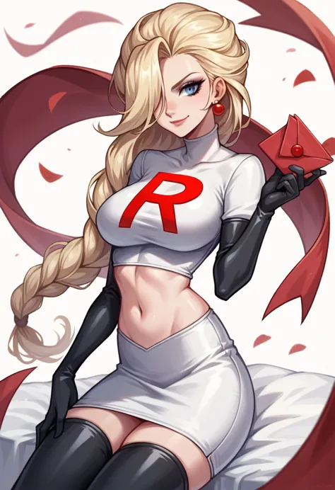 elsa, 1girl, solo ,blonde hair, blue eyes ,hair covering one eye, hair ornament ,glossy lips, earings ,team rocket uniform, red letter R, white skirt,white crop top,black thigh-high boots, black elbow gloves, closed mouth, evil smile, 