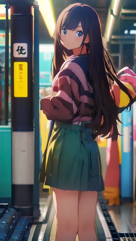 anime girl standing in a subway station with a train in the background, lofi girl, anime aesthetic, lofi artstyle, anime visual ...