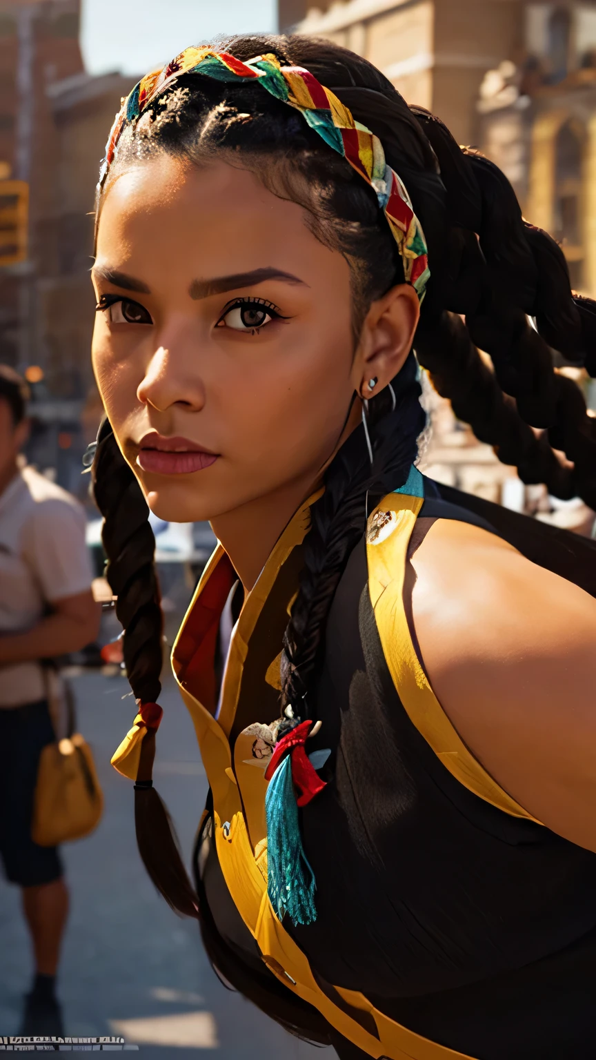 a woman with long black braided hair, beautiful detailed eyes, beautiful detailed lips, extremely detailed face, a typical Mexican dress, fighting pose, defiant look, old church in the background, (best quality,4k,8k,highres,masterpiece:1.2),ultra-detailed,(realistic,photorealistic,photo-realistic:1.37),highly detailed,intricate details,vivid colors,dramatic lighting,cinematic lighting,dramatic contrast,warm color tones,highly realistic