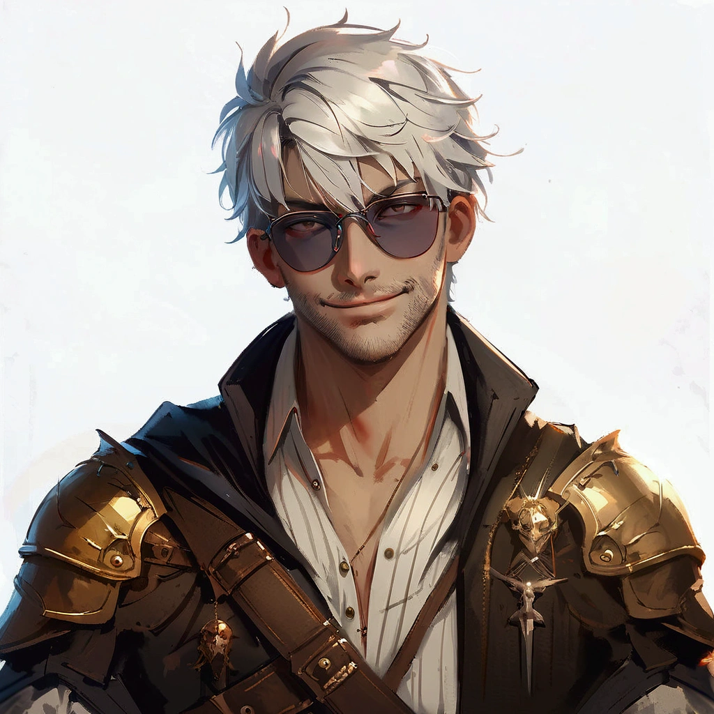 anime character with white hair and glasses wearing a brown jacket, portrait of thancred, blessed waters in style of wlop, crisp and clear RPG portrait, blessed waters, smirking male bard, malicious smile, human male character art, official character art, detailed anime character art, he wears an eyepatch, casimir art, detailed portrait of the character