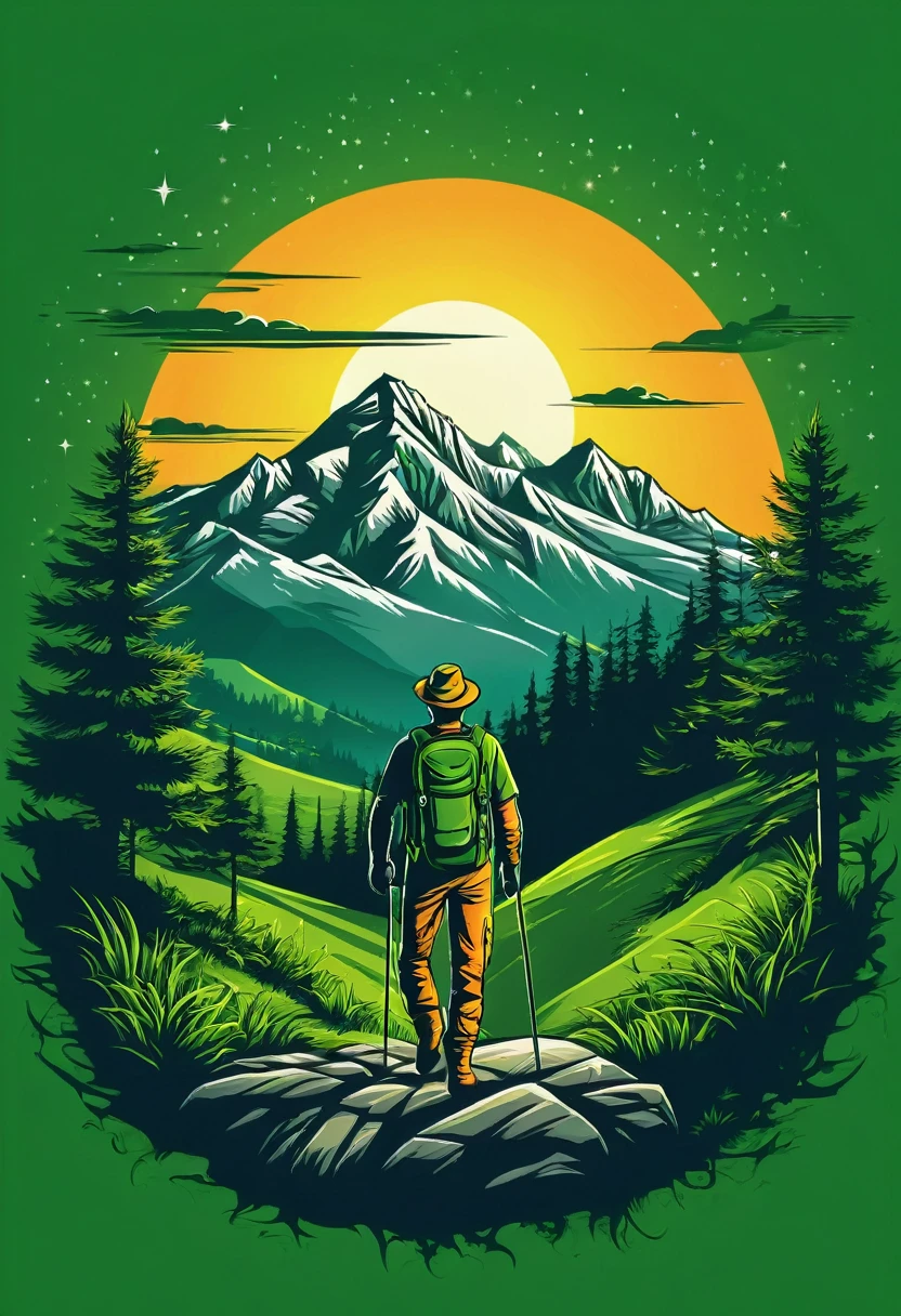 print ready vector t-shirt design, adventure scene with explorer, with beautiful nocturnal sun and mountain in the background, clean green background, professional vector, full shot, 8K resolution, deep impression illustration