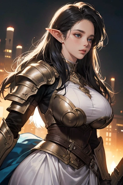 a beautiful night-black haired elf with celestial blue eyes, thin lips, round face, enormous breasts, wide hips, wearing elven battle armor, ready for combat, imposing and beautiful, cinematic battlefield scene, character design, romanticism, bokeh, silhouette, close-up, anatomically correct, high resolution, masterpiece, high detail