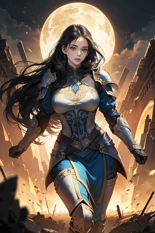 a beautiful elven woman with long black hair as night, celestial blue eyes, thin lips, round face, enormous breasts, wide hips, wearing elven battle armor, ready for combat, imposing and beautiful, battlefield scene, intricate details, cinematic lighting, dramatic composition, hyper realistic, 8k, photorealistic, masterpiece