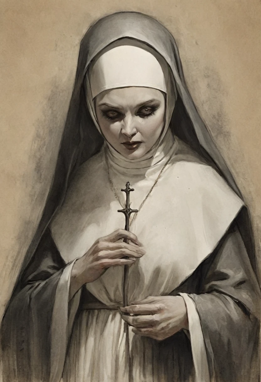 A nun demonic figure holding a penis putting inside vagina, graphite technique on old paper style, deep brush shadows, professional illustration, creepy 