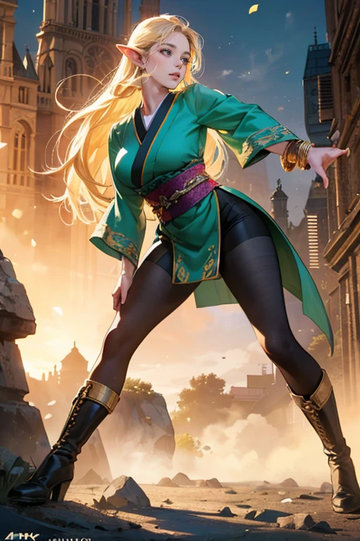 a beautiful elf girl with long blonde hair, bright green eyes, thin lips, round face, enormous breasts, wide hips, wearing a black kimono with golden embroidery and large side slits for better performance/movement in combat, a type of brown tights or leggings, spiked bracelets and tall white boots, (best quality,4k,8k,highres,masterpiece:1.2),ultra-detailed,(realistic,photorealistic,photo-realistic:1.37),detailed eyes,detailed lips,extremely detailed face,long eyelashes,elegant pose,dynamic action,cinematic lighting,vibrant colors,fantasy art