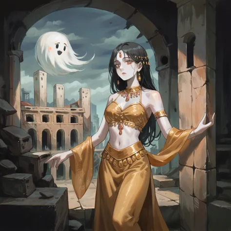 1 very pale skin girl, dark blue oriental dancer dress with gold jewelry , long dark hair, she dances surrounded by ghosts, ruin...