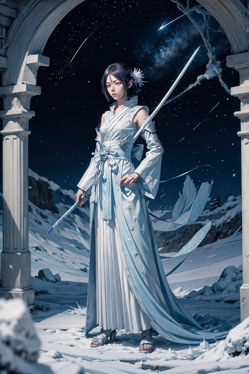 A digital art of Rukia Kuchiki, Bankai form(Hakka no Togame), from anime Bleach, standing, Full body, short white hair, reflective light blue eyes, reflective frozen katana, ice particles, snowflakes, hyper detailed, hyper realistic, look at the the viewer, 4k, wide depth of field, radiant mapping, high dynamic range, masterpiece, intricate backround,