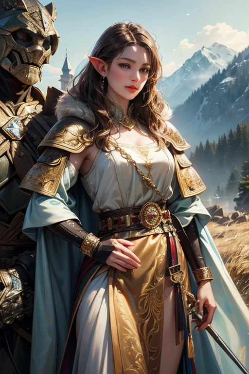 a beautiful and attractive elf with brown hair and grey eyes, wearing a fine and elegant golden armor with a blue electric pattern engraved on the armor, with a thick fur cloak and a sword in hand, standing on a mountain overlooking a dense forest valley, a castle in the distance, a smile on the face, jewelry, earrings, (best quality,4k,8k,highres,masterpiece:1.2),ultra-detailed,(realistic,photorealistic,photo-realistic:1.37),HDR,UHD,studio lighting,ultra-fine painting,sharp focus,physically-based rendering,extreme detail description,professional,vivid colors,fantasy,cinematic lighting,dramatic lighting,epic,heroic