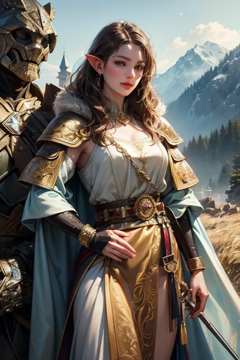 a beautiful and attractive elf with brown hair and grey eyes, wearing a fine and elegant golden armor with a blue electric patte...