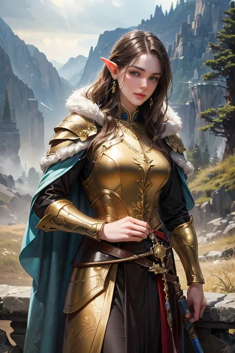 a beautiful and attractive elf with brown hair and grey eyes, wearing a fine and elegant golden armor with a blue electric patte...