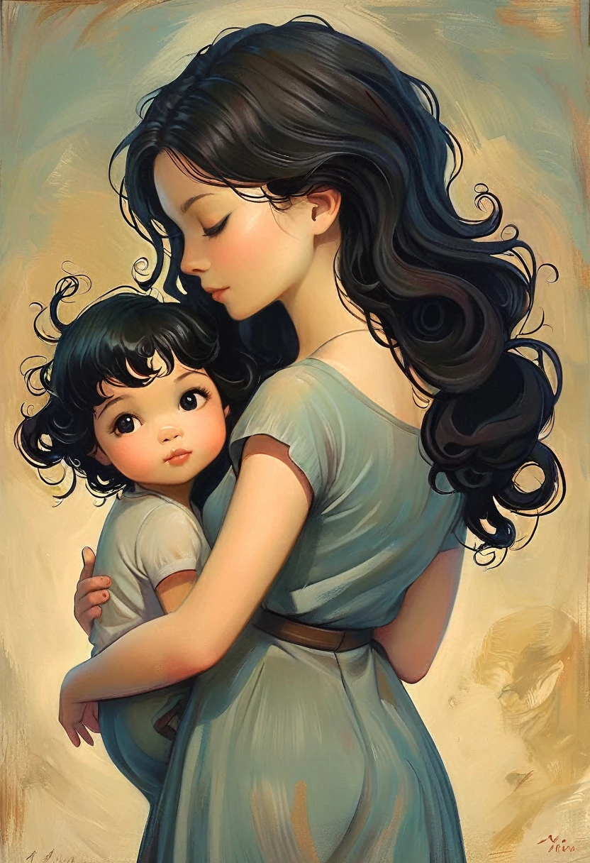 Oil Painting A Beautiful Image of a Mother of Twin Babies. She is facing away with her hair tied in a slightly loose bun highlighting her curls.. the children,of about 2 years, are on her lap and put one of her arms around her mother&#39;s back. Most of the brothers are on the mother&#39;s back.
work of art, high resolution, Bblack hair, rear view, Masterpiece artwork, best qualityer, plein-air, Modern minimalist illustration, subdued colors, 