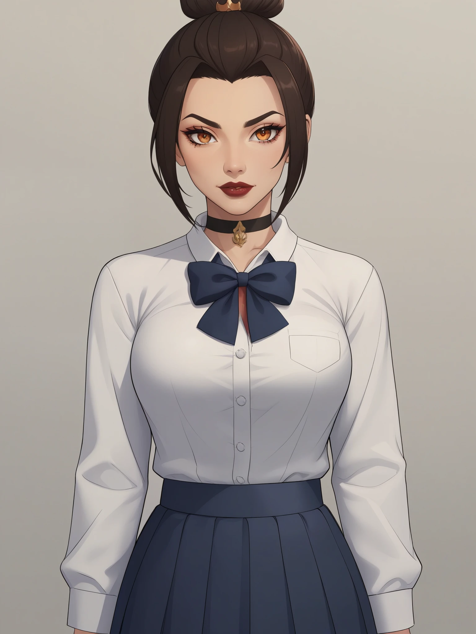 Azula. (a beautiful, young, fair-skinned, amber-eyed and slender girl of medium height. Azula's makeup consists of mascara and red lipstick. Azula also has wavy dark brown hair down to the middle of her back with two additional strands above her shoulders. choker. school uniform. skirt. cardigan. heart