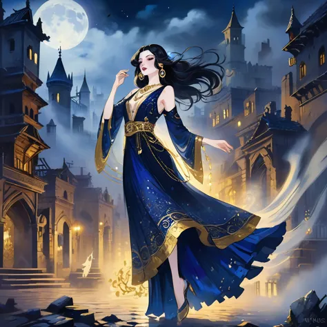 1 very pale skin girl, dark blue oriental dancer dress with gold jewelry , long dark hair, she dances surrounded by ghosts, ruin...