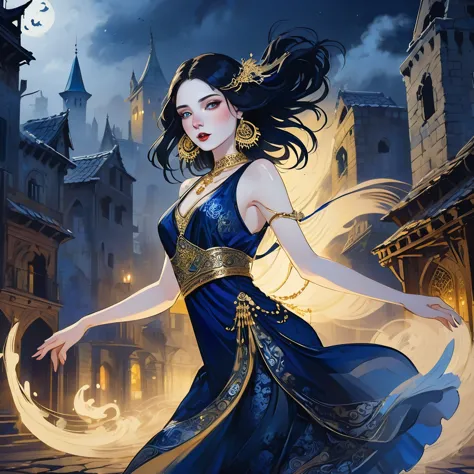 1 very pale skin girl, dark blue oriental dancer dress with gold jewelry , long dark hair, she dances surrounded by ghosts, ruin...