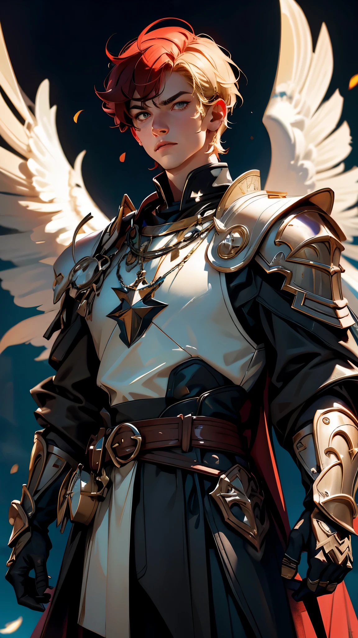 envision a 8k, highres, cinematic, detailed, semi realistic close up pinup of a sharp man, with a slender face, big eyes, a muscular body, and shaggy short red hair, multicolored hair, blonde highlights, white eyes, black gauntlets, shoulder cape, noble, knight armor, fire, star power, feather wings, large halo, sharp eyes, (((1boy))), in dark lighting, against a dark background