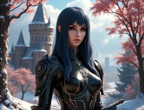 there is a woman in a black outfit holding a gun, epic fantasy art style hd, fantasy art style, 2. 5 d cgi anime fantasy artwork...