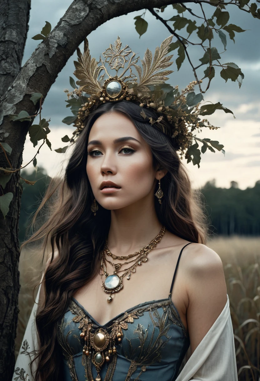 Full portrait, (Full body), Realistic, Photorealistic, analog photo, Highly detailed, cinematic rendering, Wild Dead Forest, evening, Naked asian woman, moon goddess, wearing crown of grass, Bohemian style necklace, Bohemian style jewelry, Naked, Leaning back in a tree and looking up at the grey cloudy sky, (long dark hair), Black leaves float in the air, Behold, the glittering particles flutter, classical painting composition, Dark gloomy background, An atmosphere of melancholy and sadness, surreal photo, by Alphonse Mucha, detailed perfect face, Melancholic eyes, Faded colors, cinematic  composition