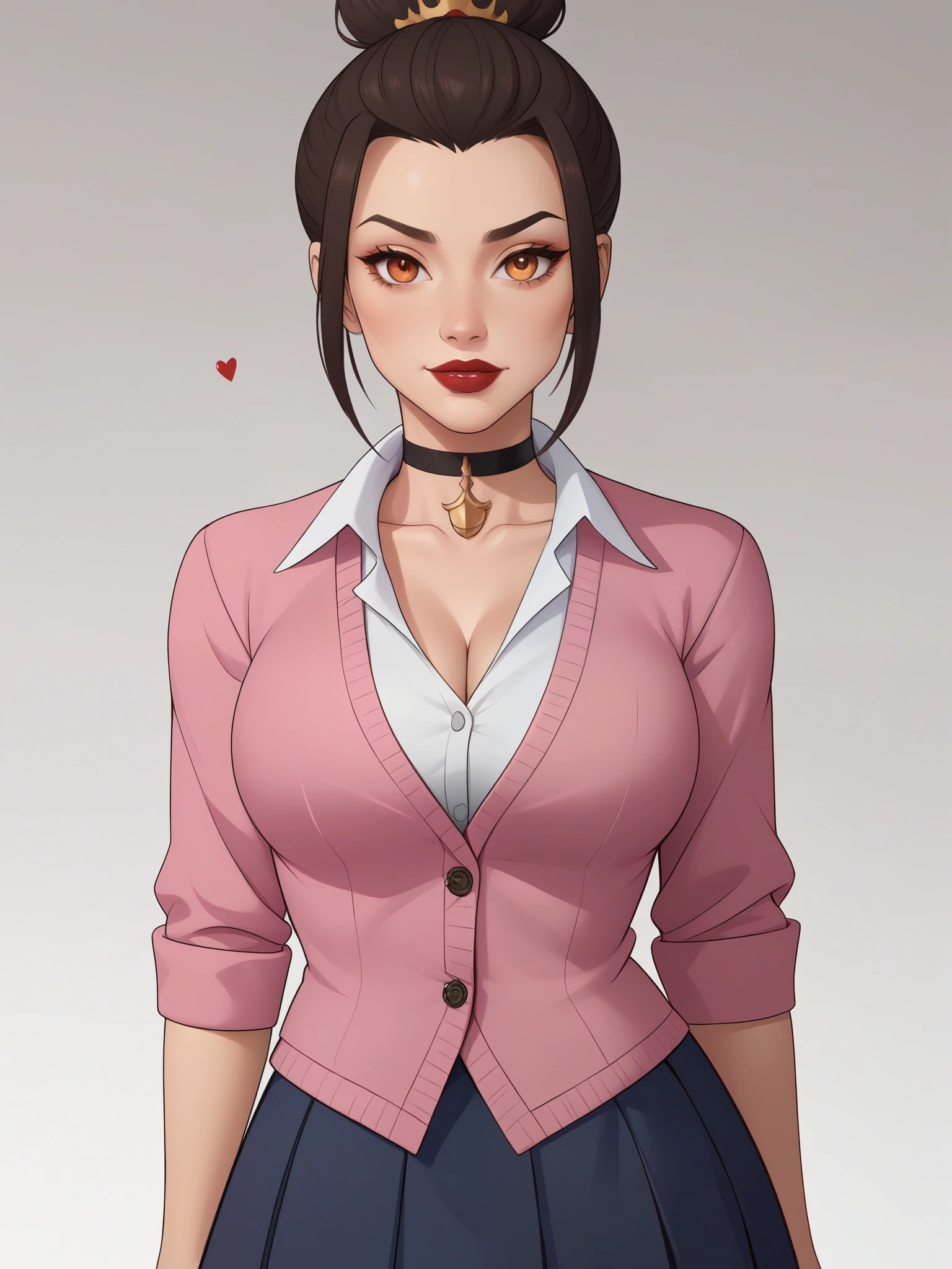 Azula. (a beautiful, young, fair-skinned, amber-eyed and slender girl of medium height. Azula's makeup consists of mascara and red lipstick. Azula also has wavy dark brown hair down to the middle of her back with two additional strands above her shoulders. choker. school uniform. skirt. cardigan. heart