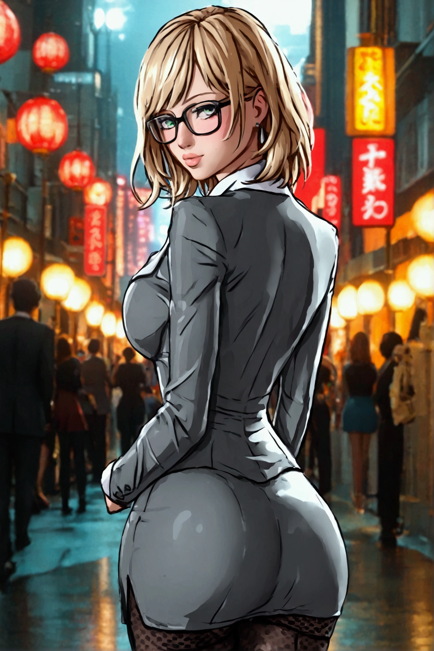 sexy woman,slim,(huge breasts)(busty)(huge legs)(Wide hips and small waist)(huge ass)He wears a formal grey jacket with a white shirt,and a short grey skirt,her outfit is very tight on her,She has medium blonde hair,very striking green eyes, glasses.She is walking through a city (hyper realistic background)(very detailed background)(Woman with her back to the bed and posing)(Look at the camera)(Her ass is in close-up in front of the camera)(perfect and sexy curves)(Daytime city background)(anime style woman)