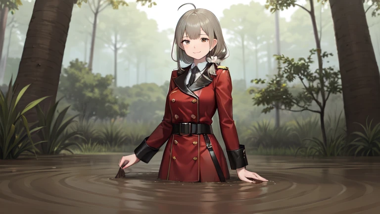 masterpiece, best quality, 1girl, solo, blush, heliandef, monocle, scrunchie, military uniform, red coat, necktie, large breasts, partially submerged, in mud, (flooding up to the chest:1.5), upper body, jungle, bogged,