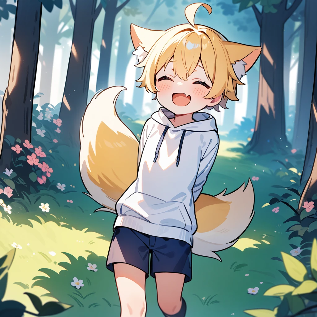 （masterpiece：1.2，high quality），8k，High resolution，A seven-year-old boy，cute boy，blonde hair，short hair， closed eyes， ahoge，cat ears，laughing，skin fang，Wearing a white hoodie，Dark blue shorts，Stand in the forest，There are flowering trees on both sides.，primary school student，thigh，fox tail，alone，((Hands behind your back))