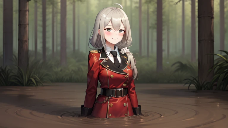 masterpiece, best quality, 1girl, solo, blush, heliandef, monocle, scrunchie, military uniform, red coat, necktie, large breasts, partially submerged, in mud, (flooding up to the chest:1.5), upper body, jungle, bogged,