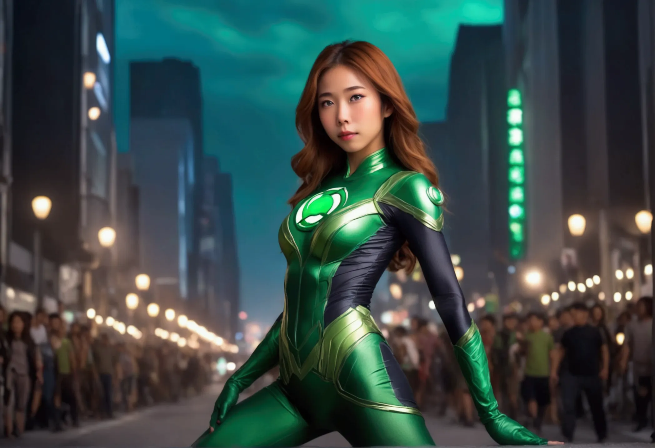 lovely cute yuna woman in role as green lantern (skin tight costume), defending the city from alien robot ape monsters, epic sho...