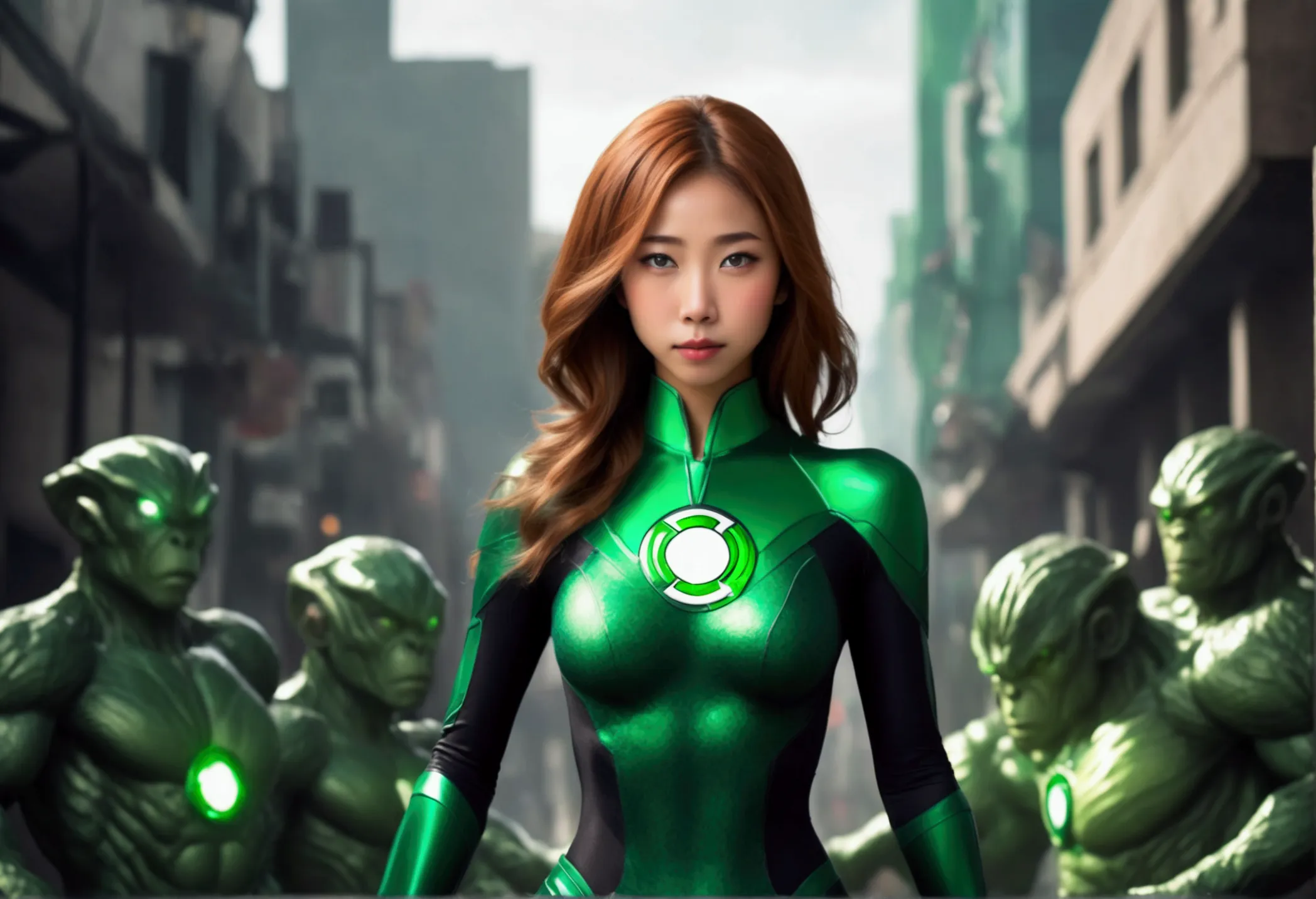 lovely cute yuna woman in role as green lantern (skin tight costume), defending the city from alien robot ape monsters, epic sho...