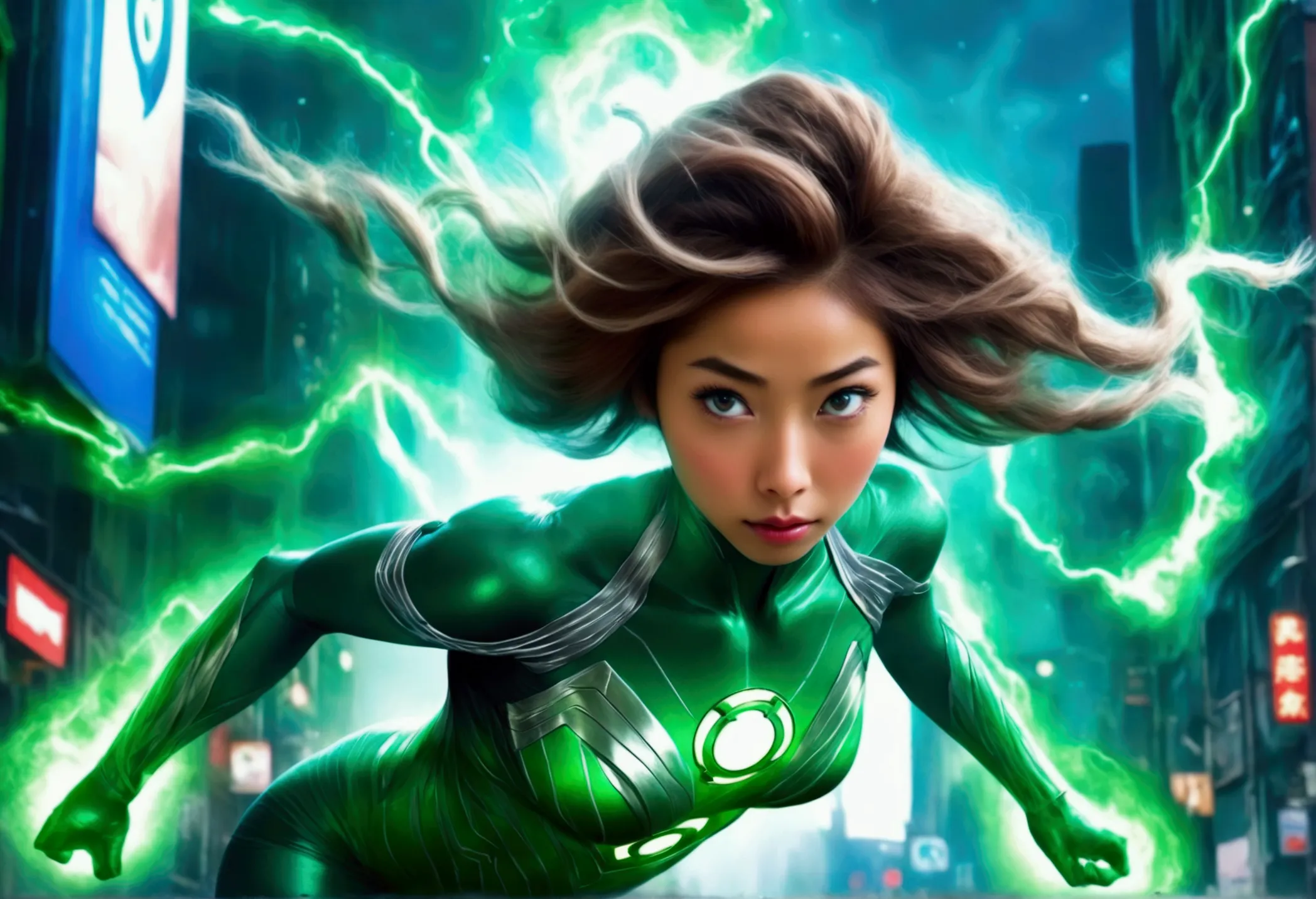 lovely cute yuna woman in role as green lantern (skin tight costume), defending the city from alien robot ape monsters, epic sho...