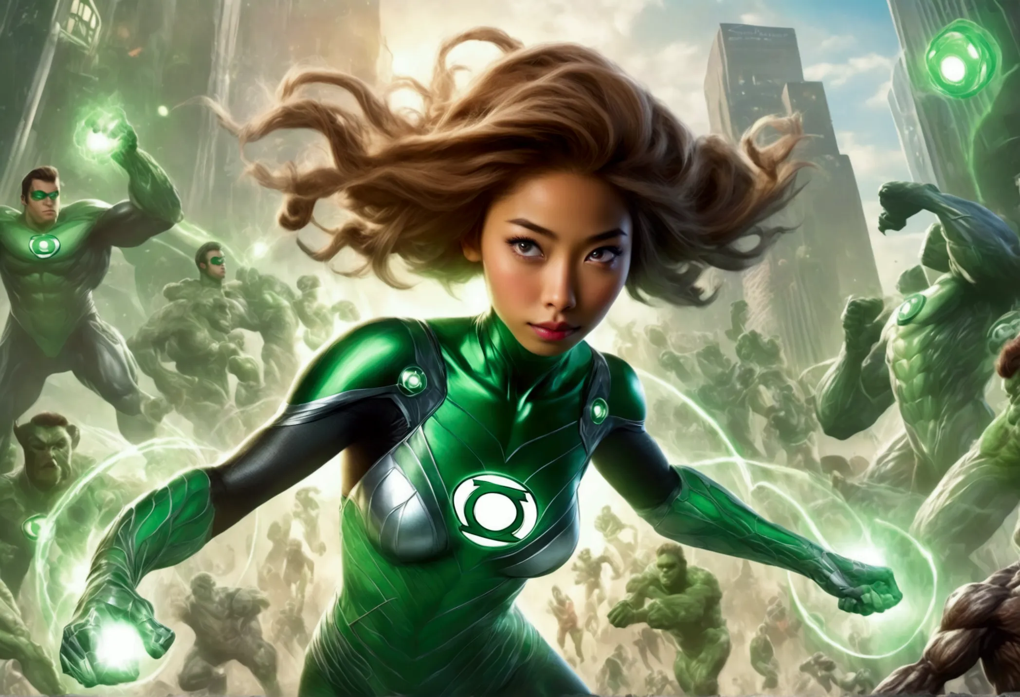 lovely cute yuna woman in role as green lantern (skin tight costume), defending the city from alien robot ape monsters, epic sho...