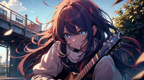 look up, coffee-colored hair, blue eyes, shining eyes, long hair blowing in the wind, perfect composition, 8k、play guitar、live、