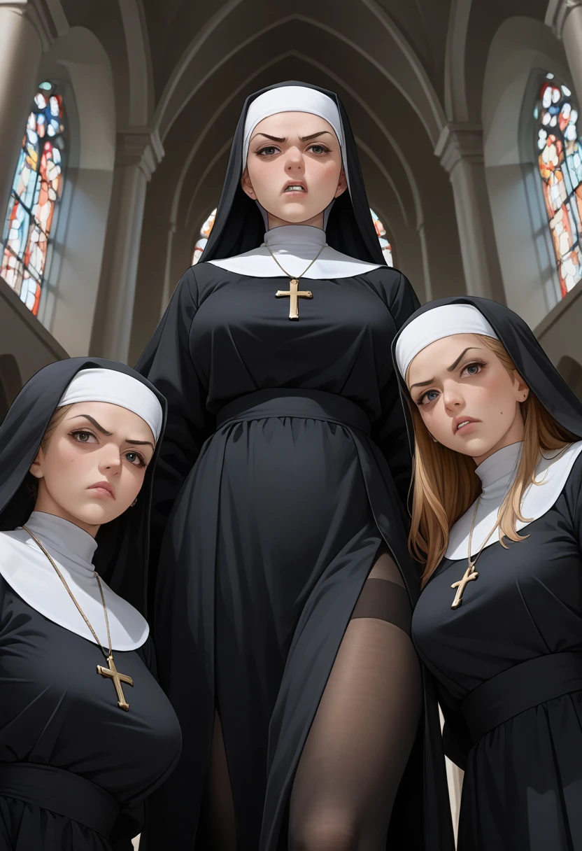 3 women , A girl, a teenager and a lady, nun clothes,  black pantyhose up to the hip, black panty, las 3 women levantan su falda con sus manos para mostrar su panti, angry, flushed, in a church. from below. looking at the viewer.