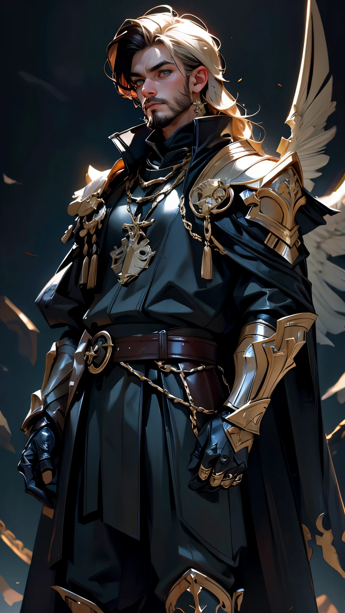 envision a 8k, highres, cinematic, detailed, semi realistic close up pinup of a sharp man, with imposing aura, a tall large muscular body, and long wavy black hair, multicolored hair, beard, side burns, face scars, chainmail, black robes, black armor, blonde highlights, brown eyes, black gauntlets, shoulder cape, noble, knight armor, fire, star power, devil wings, large halo, sharp eyes, (((1boy))), in dark lighting, against a dark background