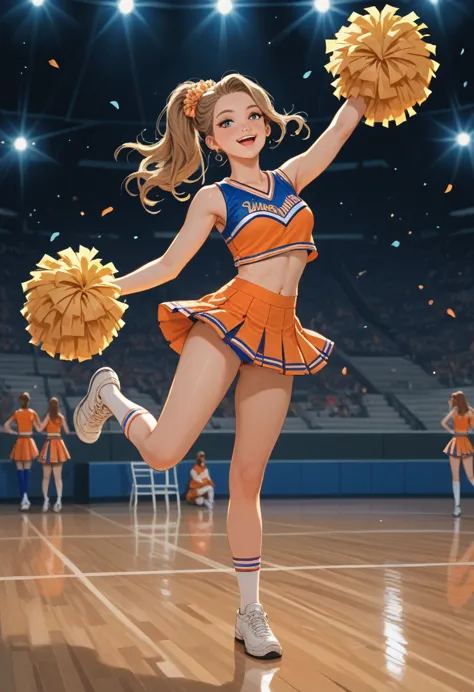 (masterpiece, best quality:1.2), 1girl, full body,from behind,cheerleaders,(pom-pom in both hands:1.3),standing one leg,(raise o...