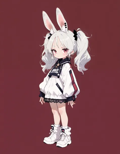 solo,1girl\(fluffy white clothes, rabbit ear, long white hair, chibi,full body\), BREAK ,quality\(8k,wallpaper of extremely detailed CG unit, ​masterpiece,hight resolution,top-quality,top-quality real texture skin,hyper realisitic,increase the resolution,RAW photos,best qualtiy,highly detailed,the wallpaper,cinematic lighting,ray trace,golden ratio,\),d4rkpurp